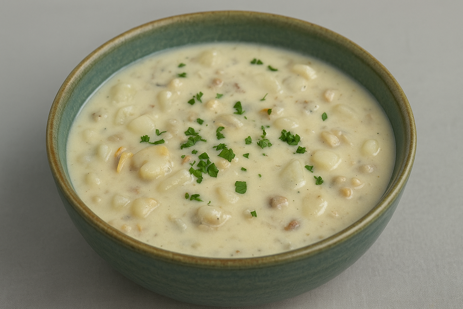 A bowl of creamy clam chowder garnished with chopped parsley.
