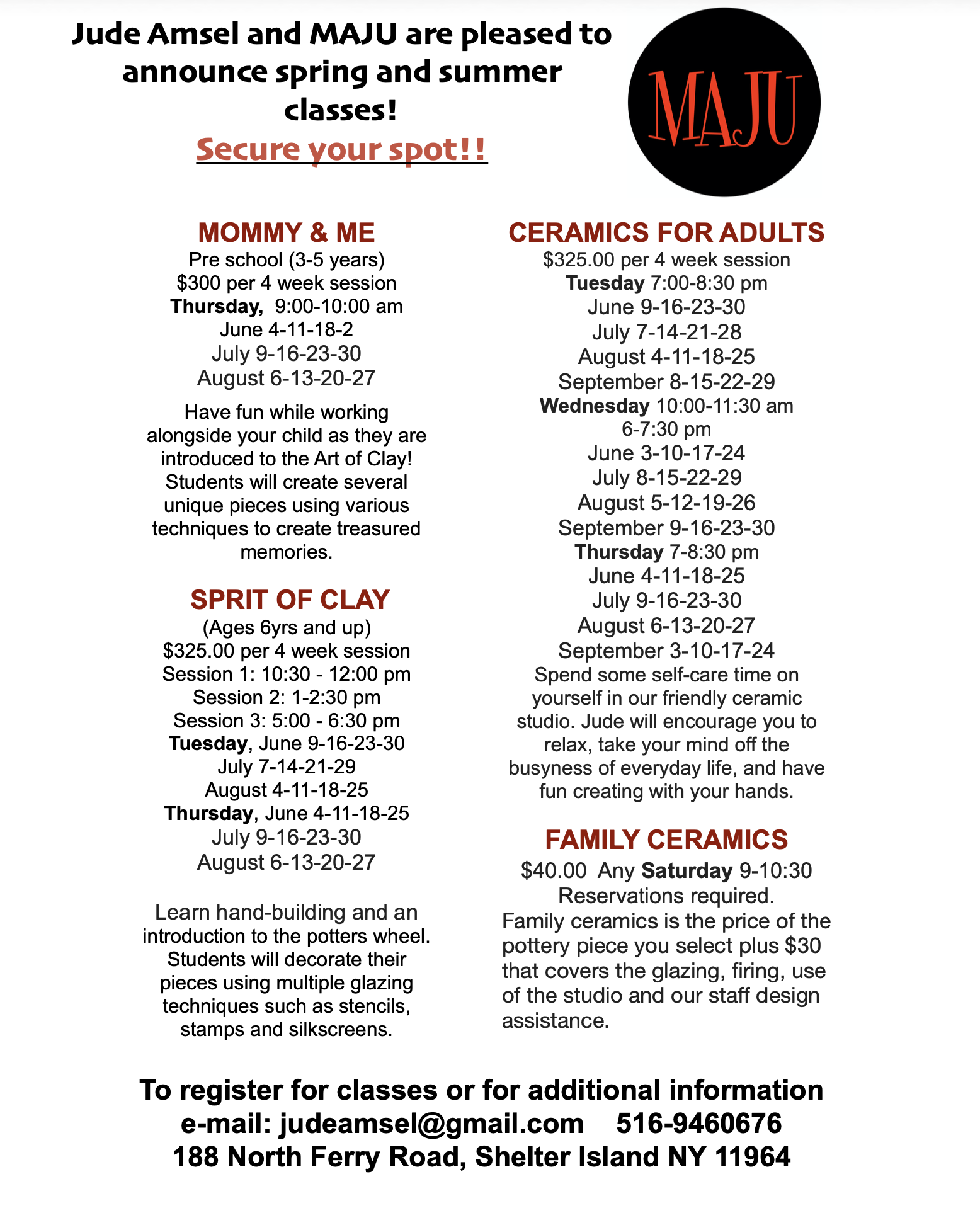 An informational flyer announcing spring and summer art classes at MAJU, including 'Mommy & Me,' ceramics for adults, 'Spirit of Clay' for children, family ceramics, with schedules, pricing, and contact details.