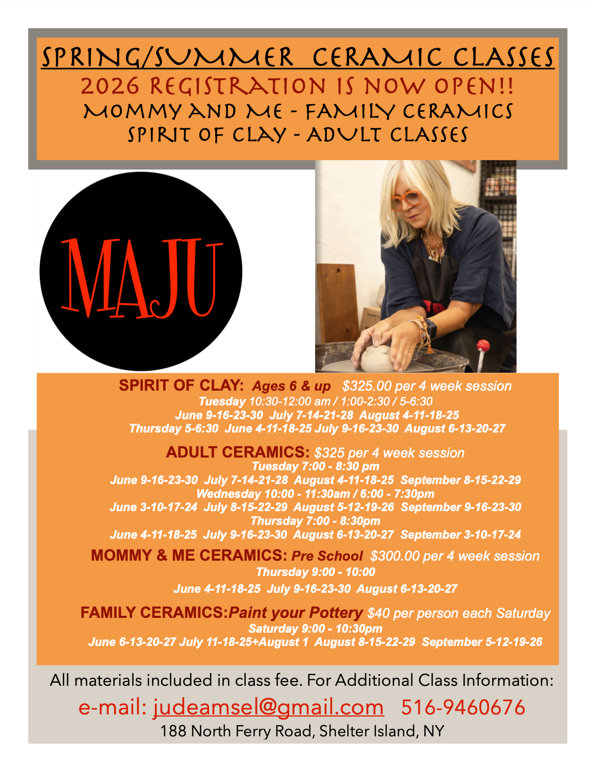 Spring/Summer Ceramic Classes advertisement with registration details, featuring a woman working with clay, and information about different ceramic classes for children, adults, and family groups held in Shelter Island, NY.