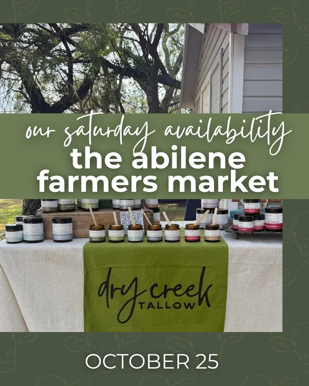 ✨Check out our lineup for this Saturday&rsquo;s Abilene Farmers Market! We&rsquo;ll be fully stocked with your favorites:

🧈 Whipped Tallow Balms - silky, nourishing, and always a customer favorite!
☕ Coffee-Infused Lineup - naturally energizing and