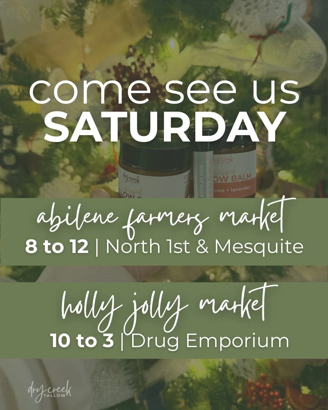🎄✨ Christmas Tallow Goodies, coming right up! We&rsquo;ll have all your favorite Christmas tallow treats and stocking stuffers this Saturday, (Dec 13) at TWO Abilene locations.

📍 Abilene Farmers Market (our usual downtown market) 8-12
📍 Holly Jol