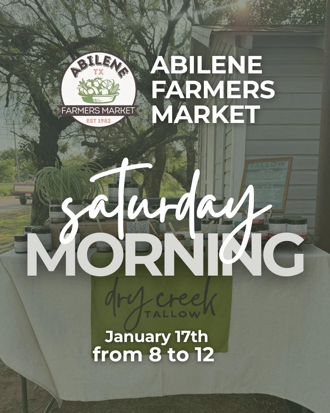 Come see us this Saturday (1/16) at the Abilene Farmers Market ☀️🌿
Fresh air, sunshine, and a perfect day to stroll, shop, and soak it all in. Grab a friend, share the tallow love, and make a morning of it 🤍

Be sure to check out drycreektallow.com