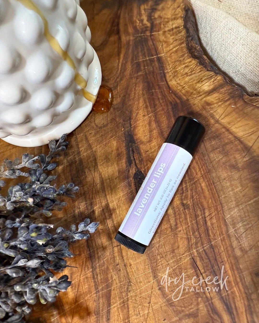 Tallow. Organic beeswax. Honey. Lavender Essential Oils.

That is it. That simple.