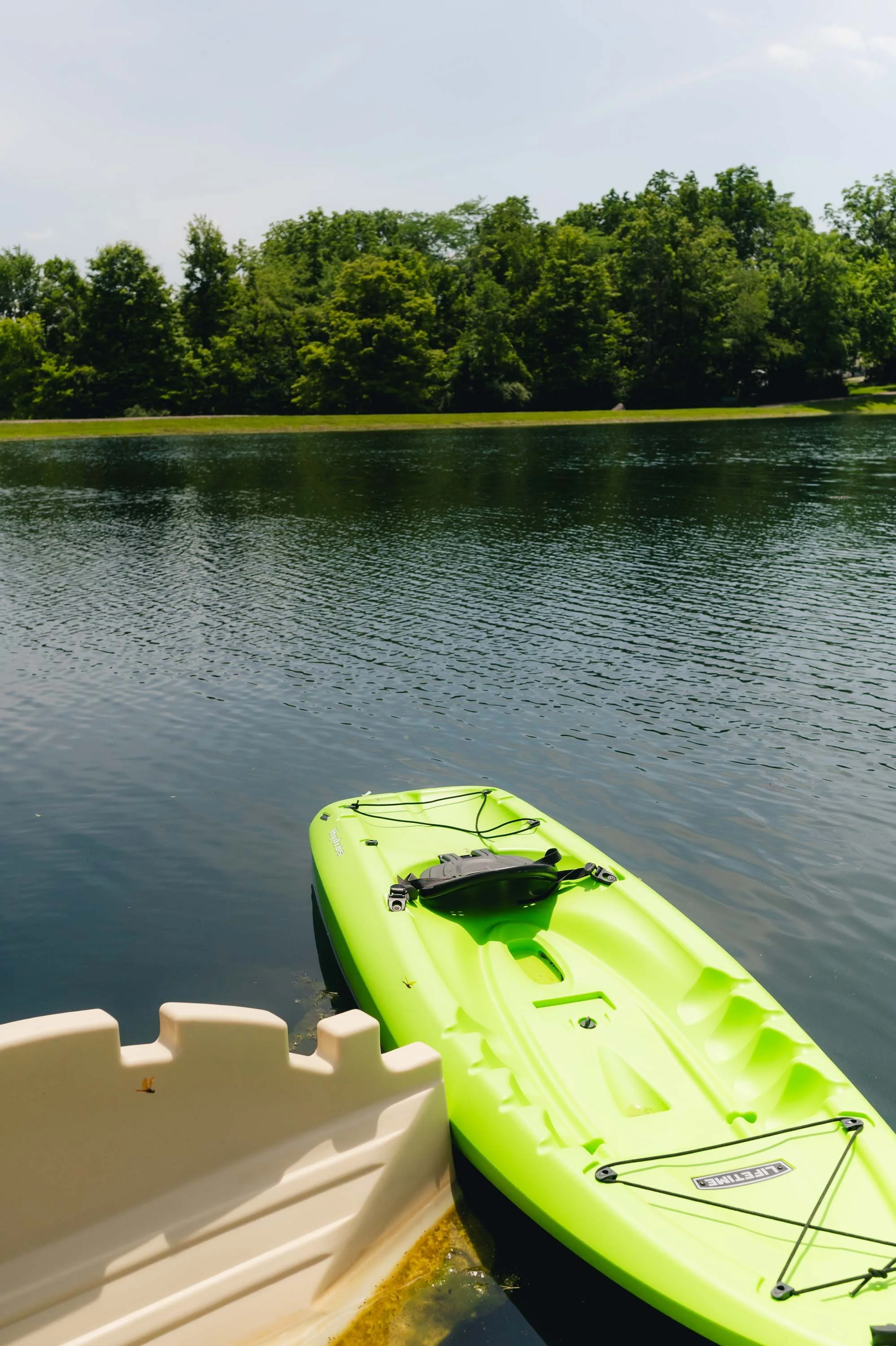 Green paddleboard floating on a body of water with a black paddle on top, beside a white boat on a calm lake surrounded by green trees.