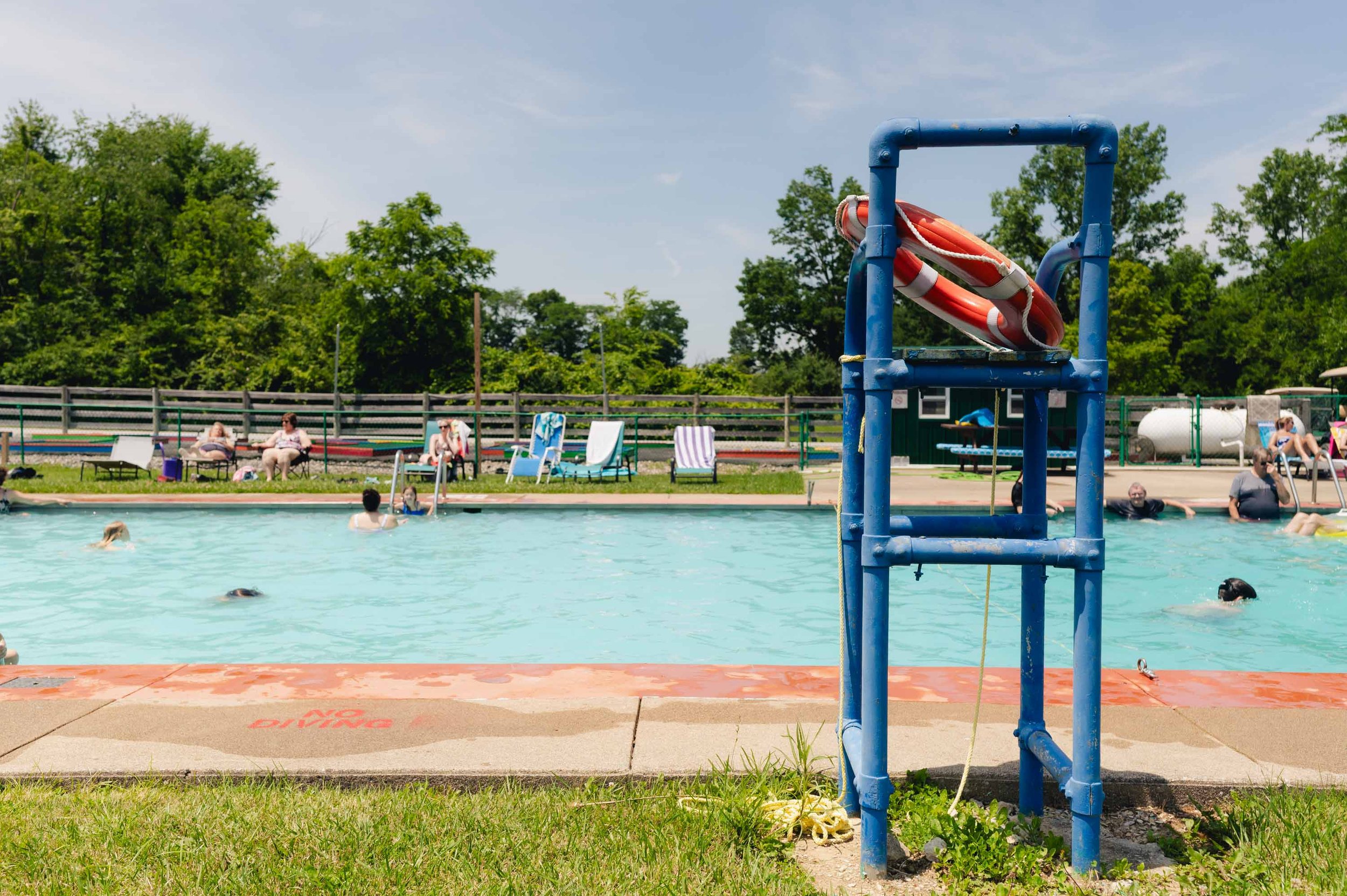 Public swimming pool with people swimming and relaxing on chairs, life ring attached to a blue pool ladder, green trees in the background, clear sky, and a 'No Diving' sign on the pool deck.