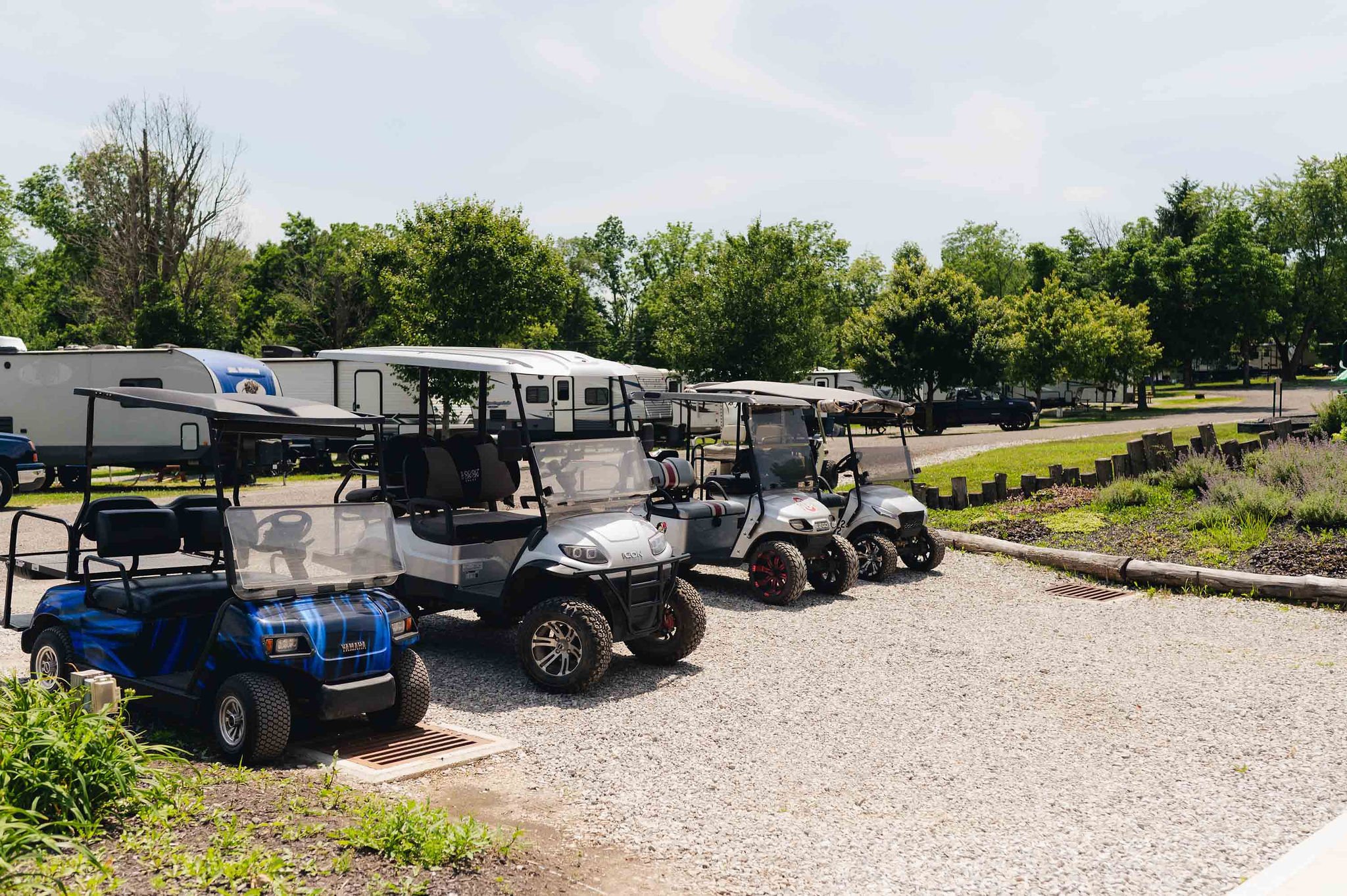 Several golf carts parked in a row on a gravel surface at a recreational area, with trees and recreational vehicles in the background.