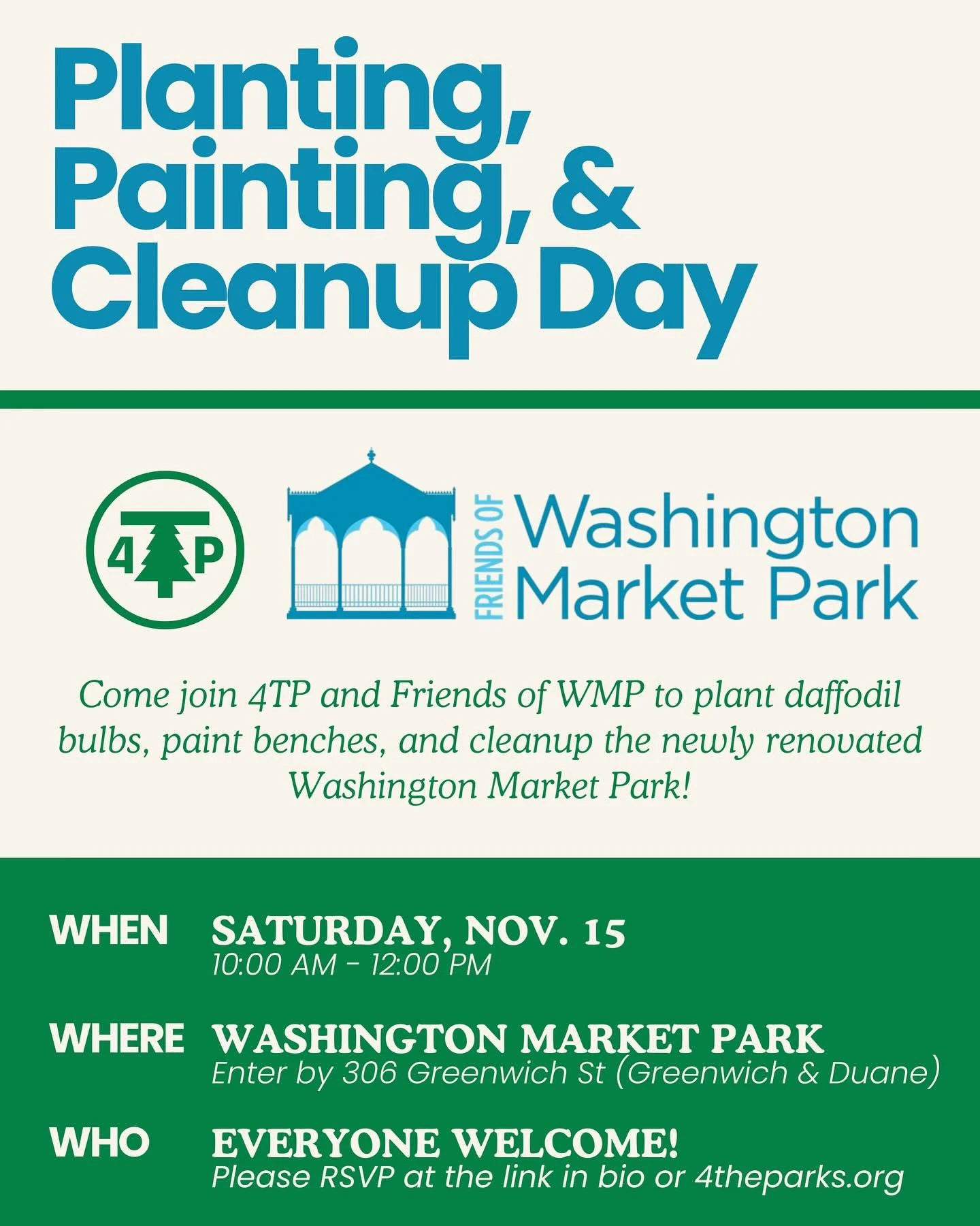 MARK YOUR CALS FOR NOVEMBER 15!! We will be at Washington Market Park to help plant daffodils, paint benches, and cleanup the newly renovated park ahead of the winter season. All are welcome - please RSVP at the link in bio 🌼🌼🌼