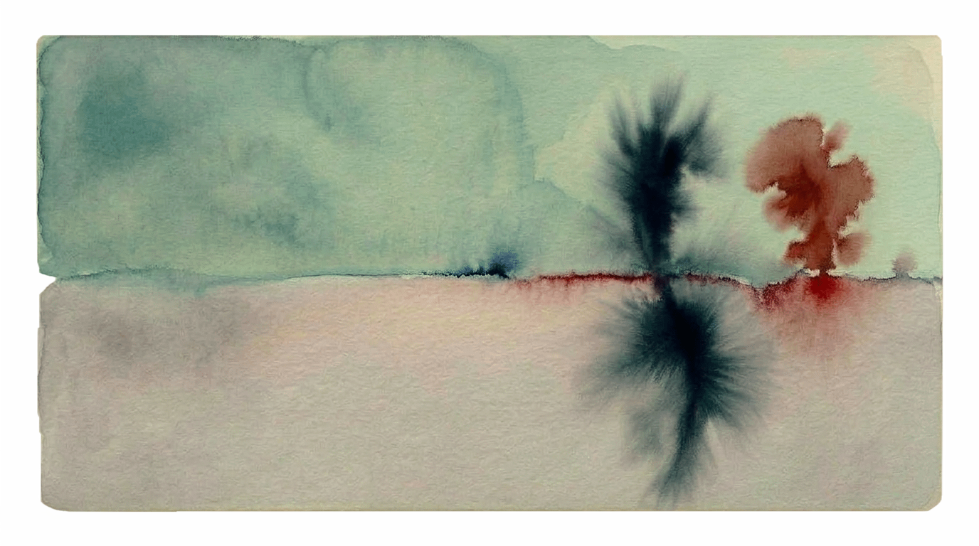 Abstract watercolor landscape with bleeding indigo and red pigments on a divided teal and lavender background.