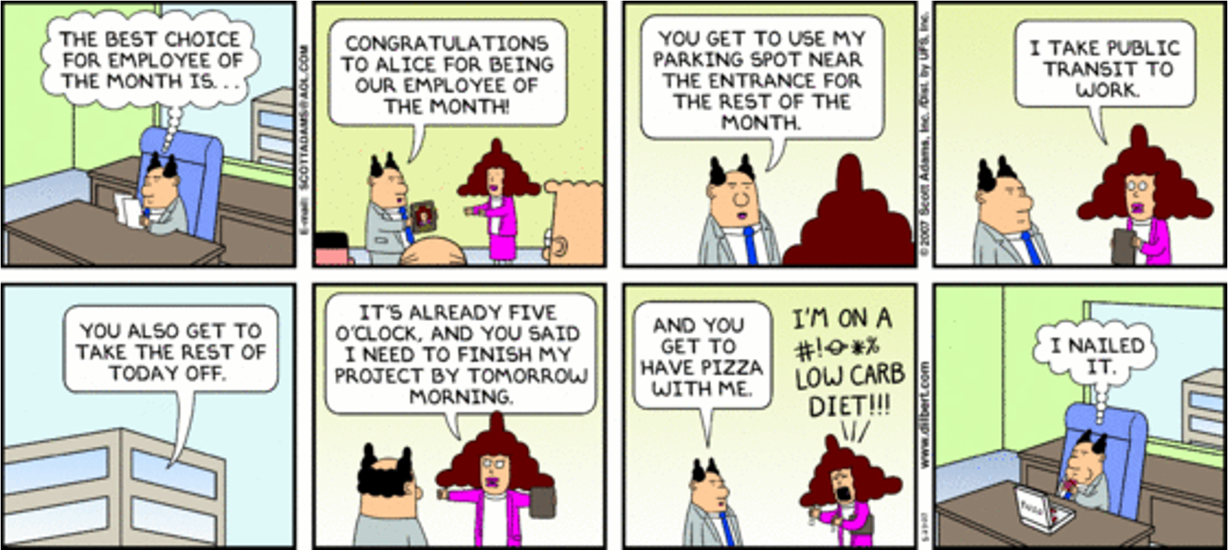Eight-panel Dilbert comic. The boss gives Alice rewards for 'Employee of the Month' that she cannot use due to her lifestyle and workload. The final panel shows the boss alone, smugly thinking he succeeded despite the clear failure to connect.