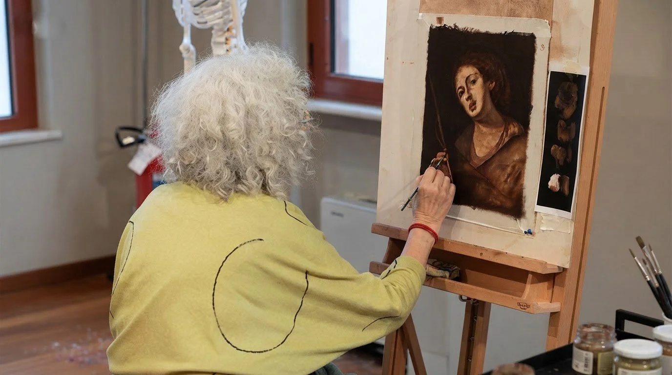 Un'artista anziana con capelli ricci bianchi sta dipingendo un ritratto su una tela. Sul cavalletto c'è un'icona raffigurante una donna con capelli ricci e un abito marrone.