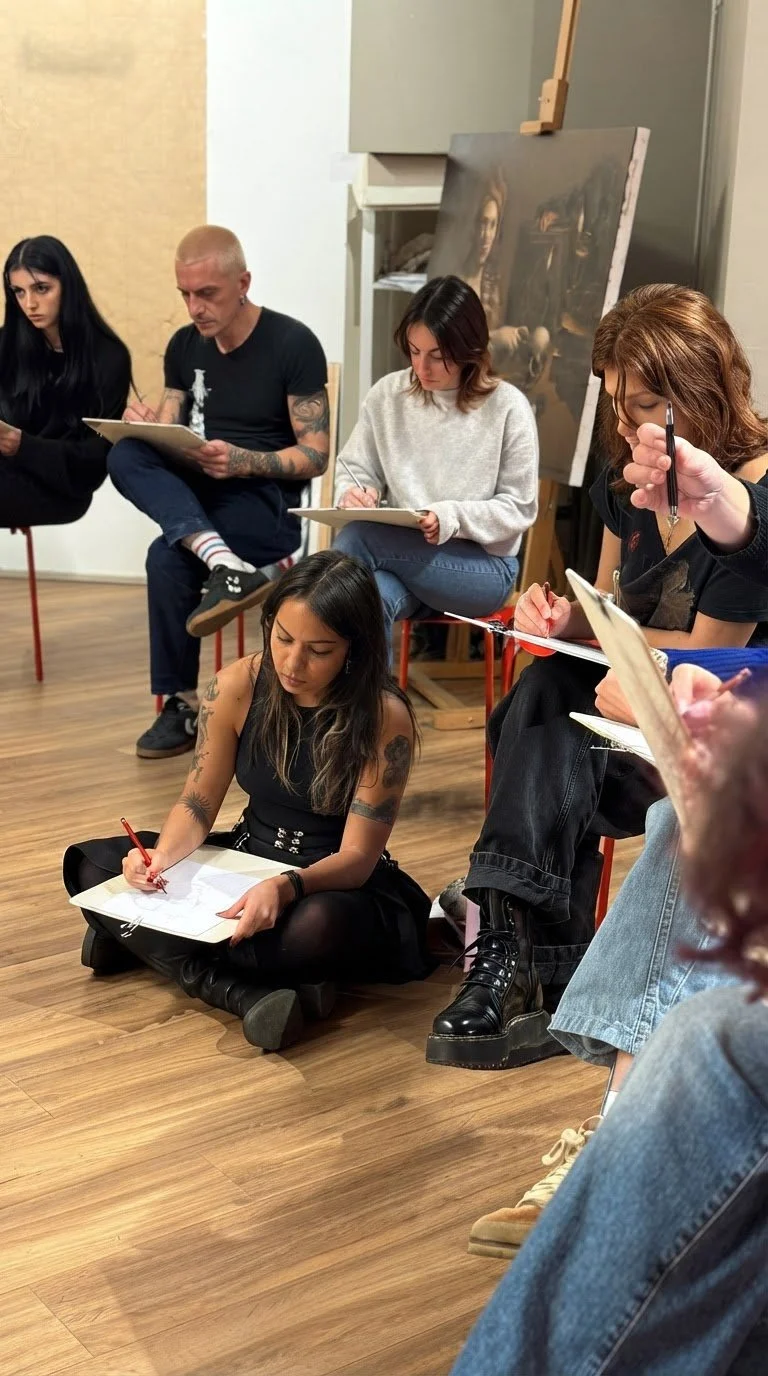 Gruppo di persone sedute in cerchio, alcune che disegnano o scrivono sui loro taccuini, in un ambiente che sembra una classe o uno studio d'arte, con un dipinto in background.