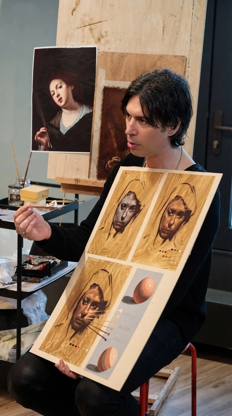 Un artista seduto su una sedia rossa mostra uno schizzo di un volto femminile su un cartoncino, con dettagli e annotazioni, mentre alle sue spalle si vede un quadro di una donna con un cappello. L'ambiente sembra uno studio d'arte con strumenti e materiali artistici.