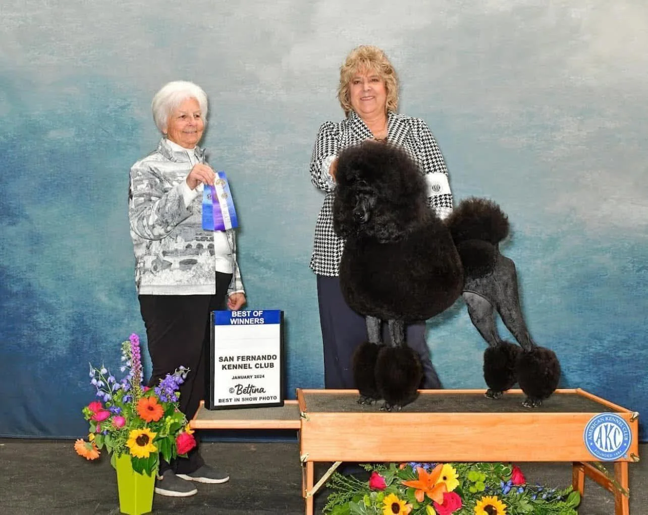 Two women and a poodle at a dog show. The woman on the left is holding a blue ribbon; the woman on the right is standing beside the poodle on a grooming table. The poodle has a traditional grooming style with puffy paws and a pom-pom tail. There are 