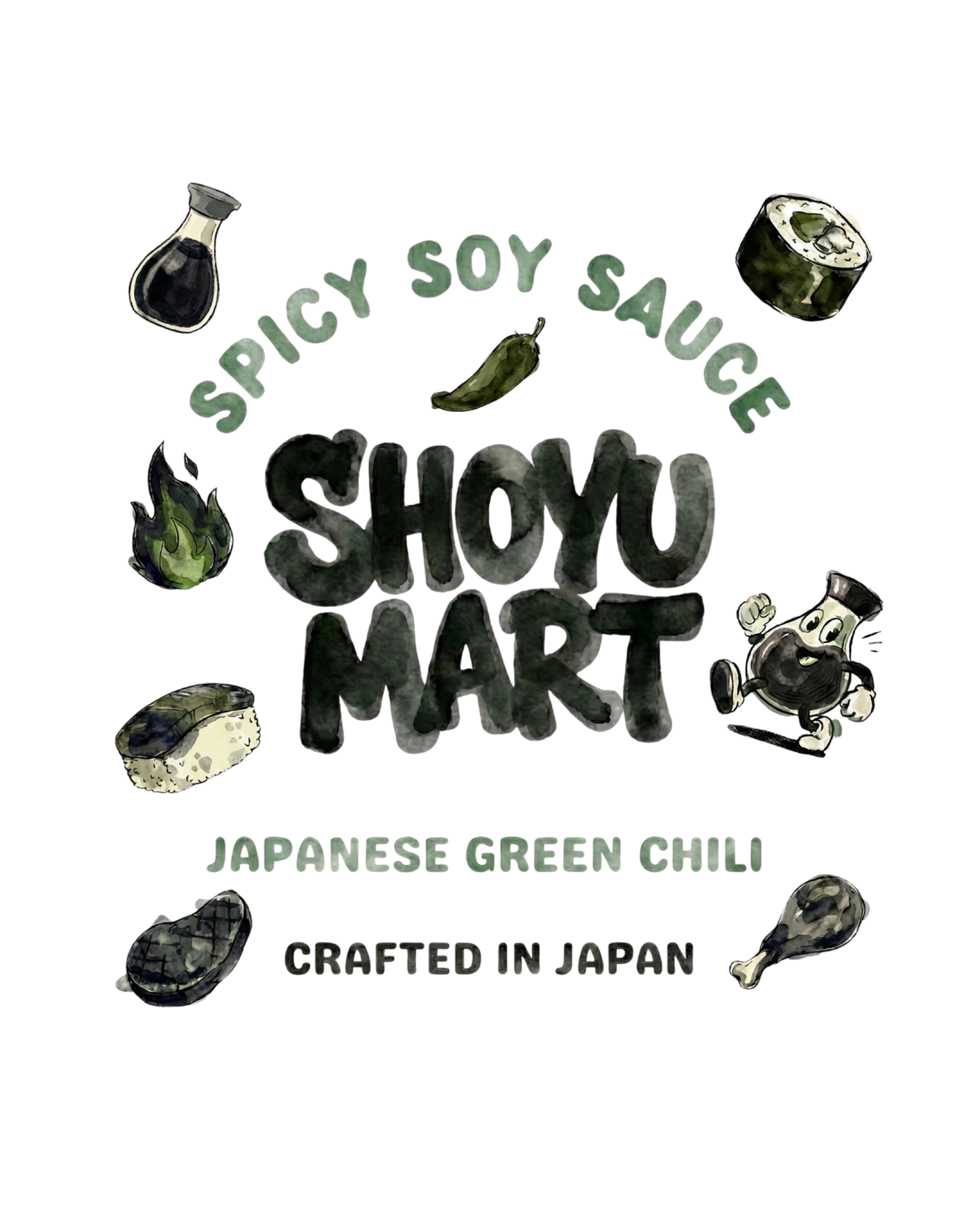 Illustrated label promoting Shoyu Mart, a Japanese-Green Chili restaurant, with images of sushi, green chili, soy sauce, and a cartoon soy sauce mascot.