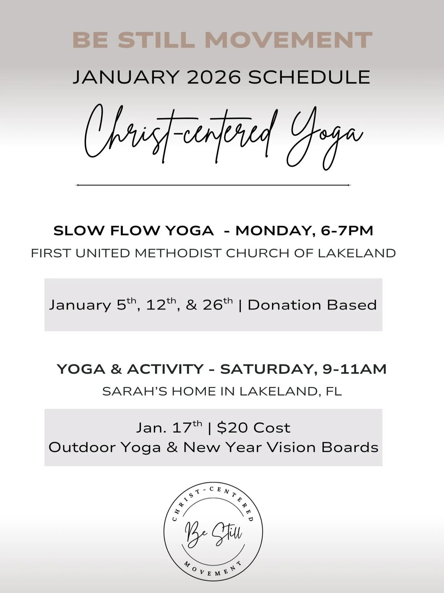 January Schedule is Here 🤍

&bull; Join this month for Christ-centered yoga sessions. 

&bull; Explore the upcoming dates &amp; mark your calendar. 

&bull; Reach out to sign-up 

No experience needed &bull; Come as you are 🤍

#christcenteredyoga #