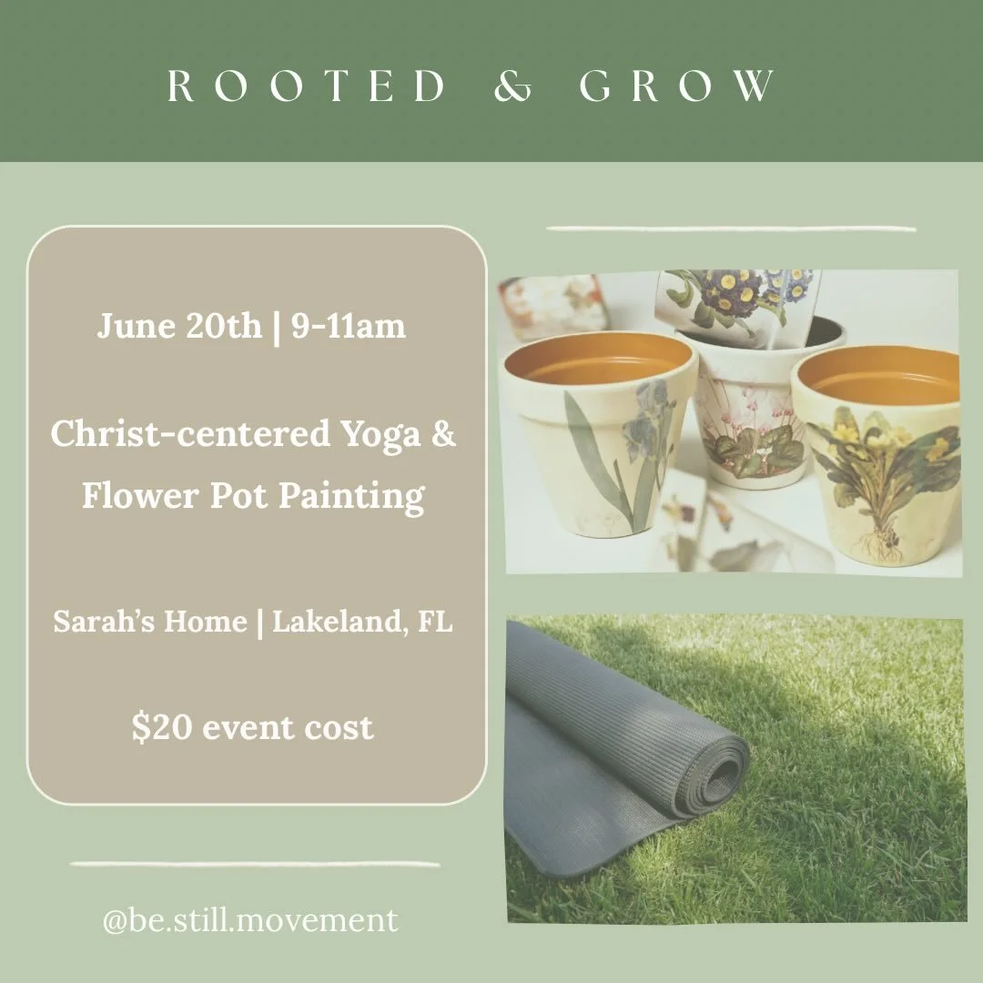 🌼 Rooted &amp; Grow | 6/20 at 9-11am

🌼 Register Today | Space Limited | $20 cost

&mdash; Experience a shaded outdoor Christ-centered yoga session, flower pot painting, &amp; refreshments! 

&mdash; We will focus our hearts, minds, &amp; bodies on