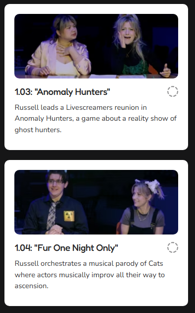 Two screenshots from videos. The first shows two women sitting at a table, one in a light-colored blazer and the other with long blonde hair, appearing to be talking or reacting. The second screenshot shows a man and a woman dressed casually, sitting at a table, smiling during a parody performance.