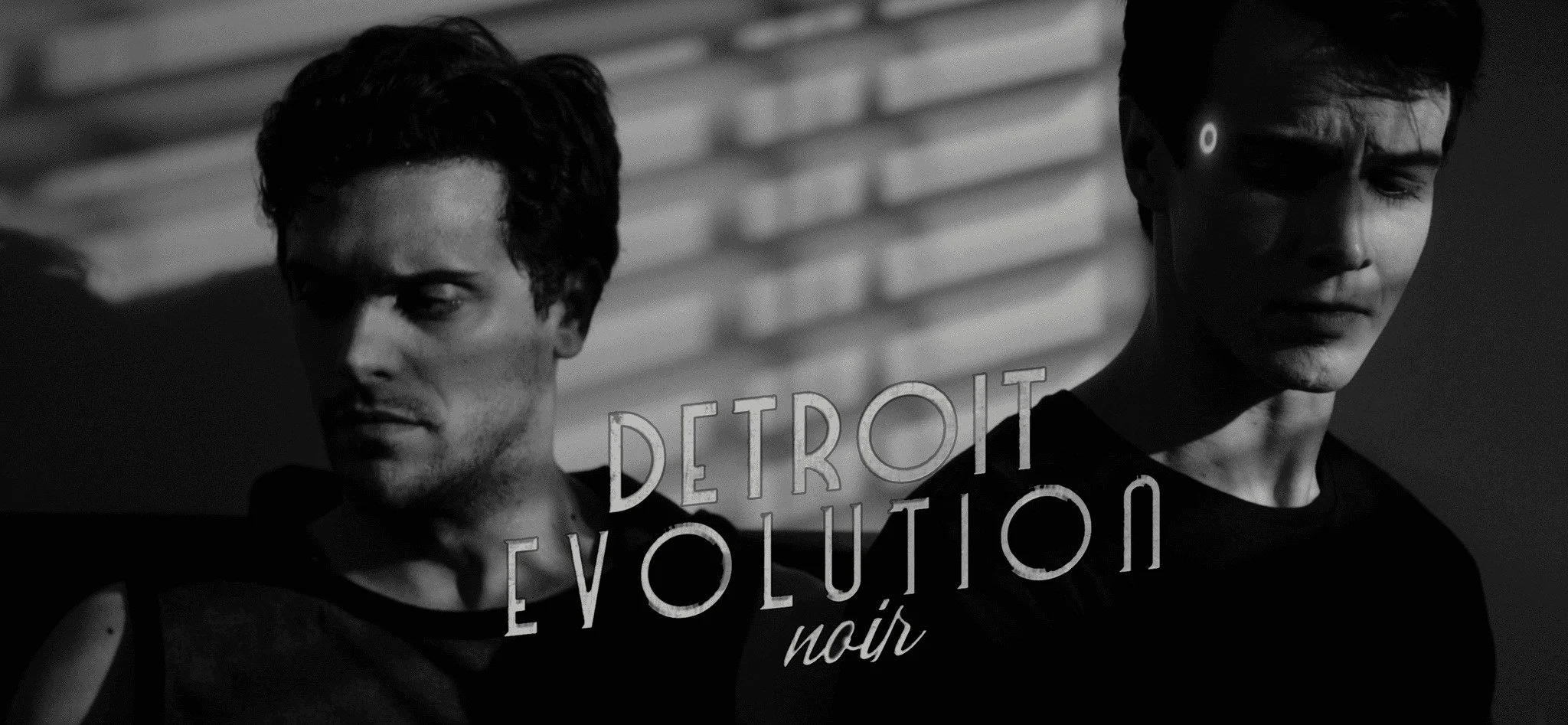 Black and white photo of two young men, one with curly hair and the other with straight hair, standing side by side with serious expressions. Overlaid text reads 'Detroit Evolution Noir'.