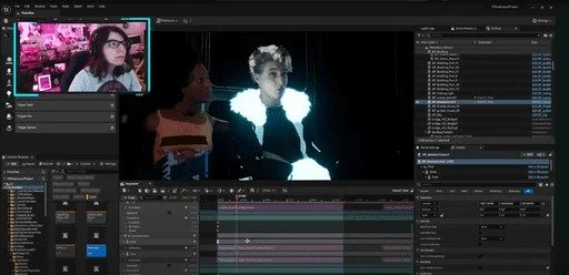 Screenshot of a video editing software interface with two children, one wearing glasses, and a black-and-white photo of another child. The workspace includes timelines and adjustment panels.