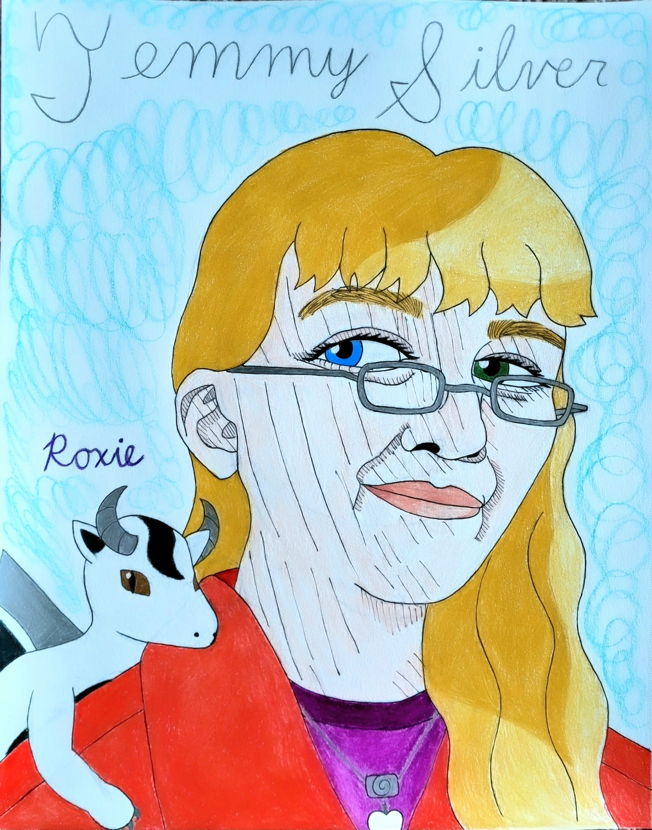 A colorful drawing of a person with long blond hair, glasses, and a red jacket, with a small white cartoon cow propped against their shoulder. there is handwritten text that reads 'Temmy Silver' at the top and 'Roxie' near the cow.