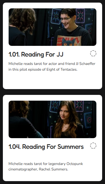 Two screenshots from a video interview with Michelle, a tarot reader. In the first, Michelle is smiling while talking to a woman with curly hair. In the second, Michelle is looking at someone off-camera with a slight smile. Both images have a dark background with colorful geometric designs.