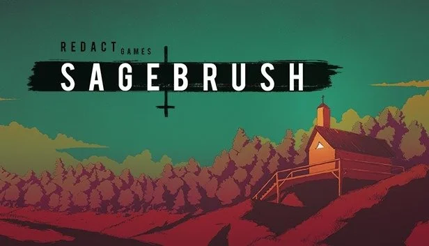 Cover art for Sagebrush, a game by Redact Games, featuring a stylized landscape with a small building on a hill, trees, and a layered sky.
