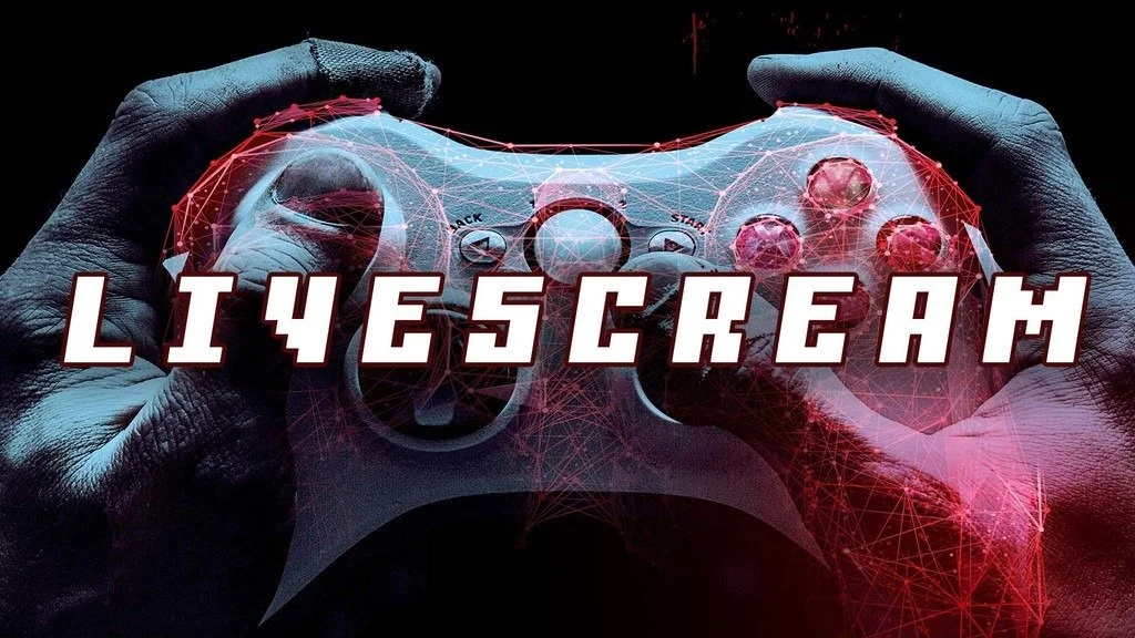 Hands holding a gaming controller with digital effects and the word 'LIVESREAM' across it.