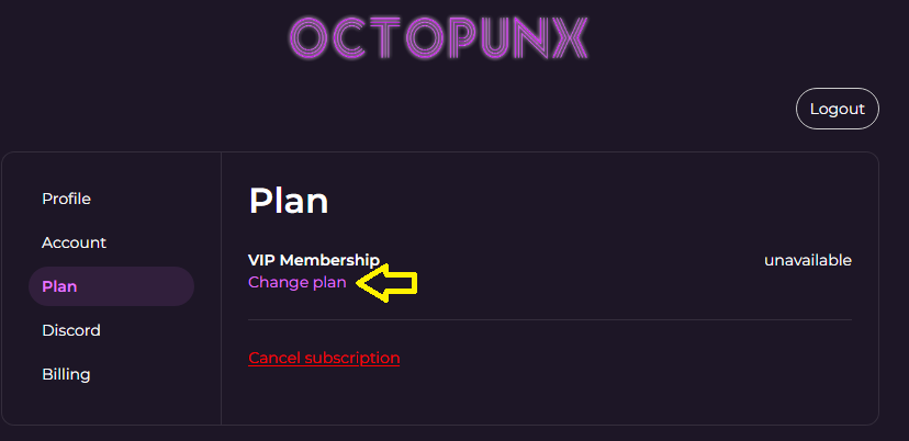Screenshot of the OCTOPUNX website displaying the 'Change plan' link under the 'Plan' section in a user account dashboard.