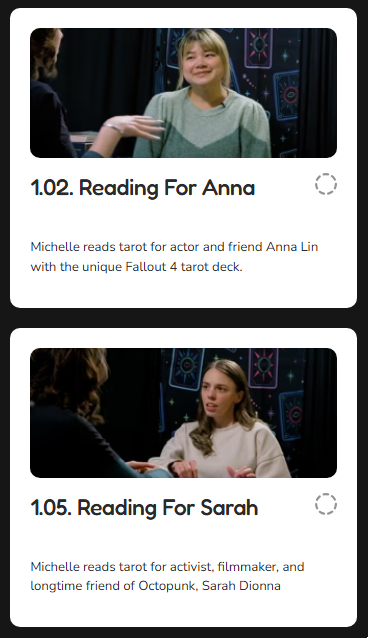 Two screens showing Michelle reading tarot cards for two women, Anna and Sarah, in a dark setting with colorful, mystical backdrops.