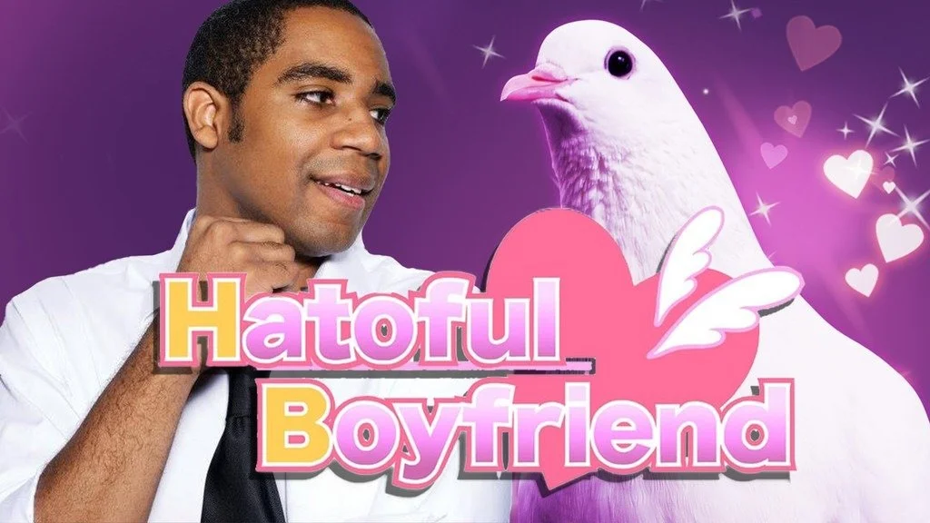 A man looking thoughtfully at a white dove with pink hearts and a pink wing, over a purple background with floating hearts. The text says "Hatful Boyfriend" in colorful letters.