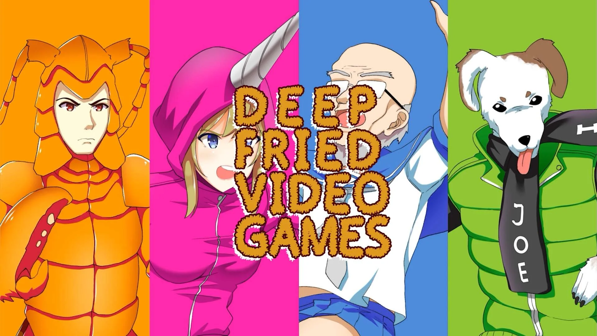 Colorful illustration with four characters from different video games: an armored orange dragon from 'Spyro,' a girl in a pink hoodie from 'Natalie,' an elderly man in a white and blue outfit from 'Earthbound,' and a dog in a green jacket from 'JoJo's Bizarre Adventure.' Overlaid text reads 'Deep Fried Video Games.'