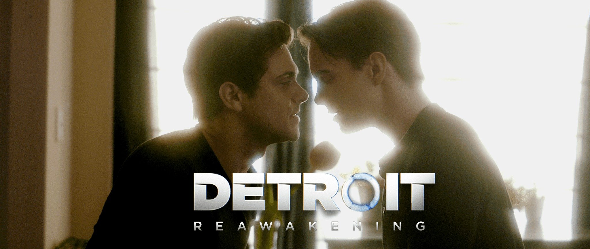 Silhouettes of a man and woman facing each other indoors with bright backlighting, with the title 'Detroit: Reawakening' text overlayed.