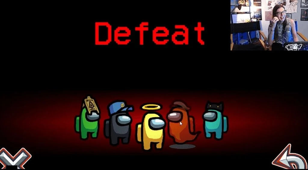 Screen displaying the game Among Us with a defeated message and five colorful crewmates, one dressed as a sheriff, in a dark background with red lighting.