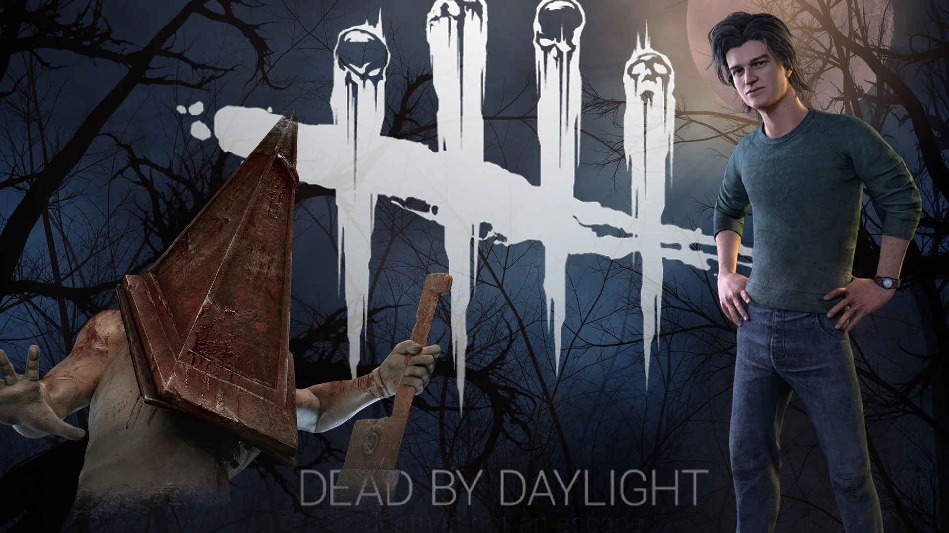 A dark forest background with the 'Dead by Daylight' logo and two characters: one with a large, rusty, triangular head and holding a hammer, and another a young man with dark hair, wearing a green sweater and jeans, standing with hands on his hips.