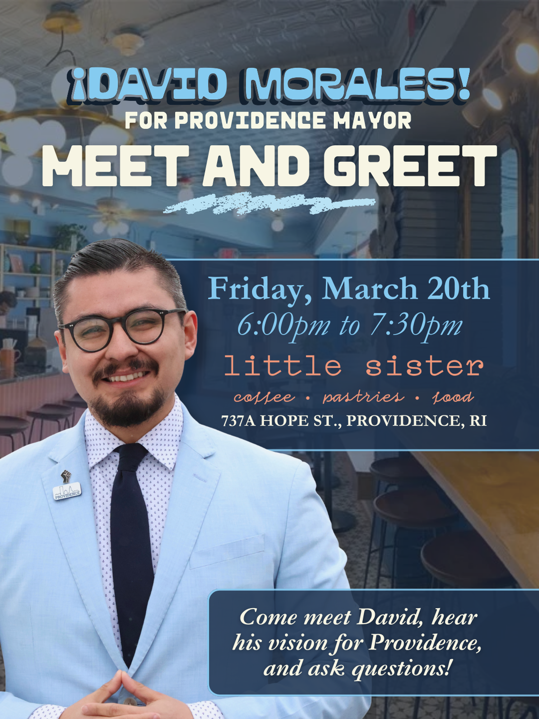 Promotional flyer for upcoming Meet and Greet at Little Sister in Providence.