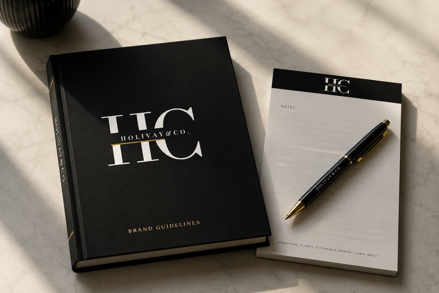 Black notebook and notepad with pen on a light surface, both branded with HOLIVAY & CO.