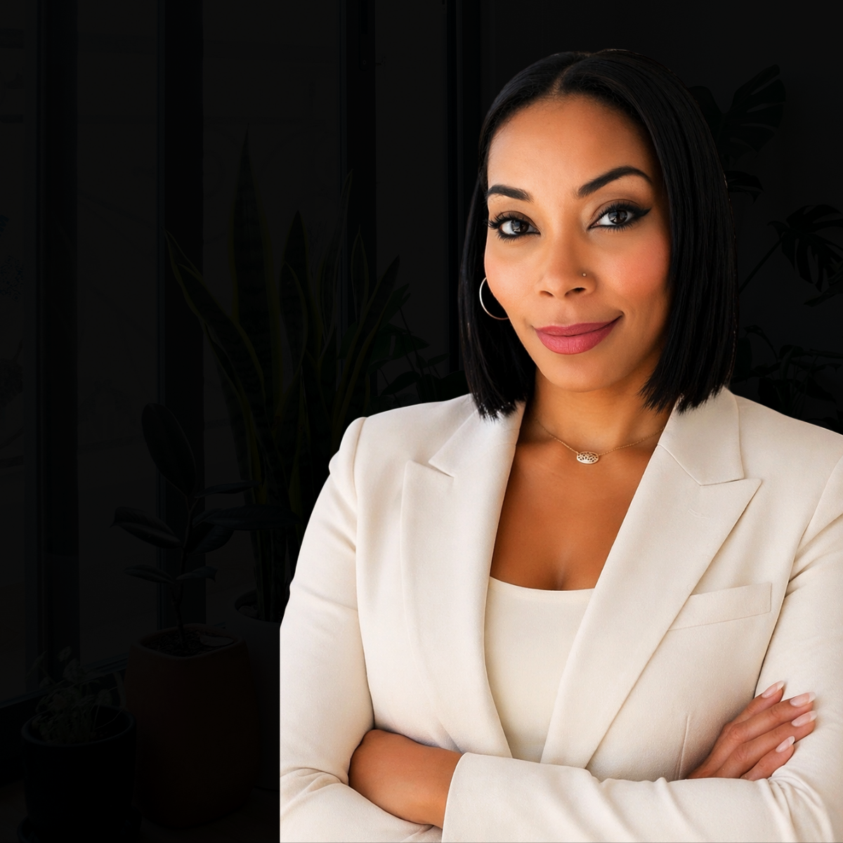 A professional woman with black hair in a bob cut, wearing a beige blazer, white top, hoop earrings, and a delicate necklace, standing with arms crossed in front of a dark background with plants.