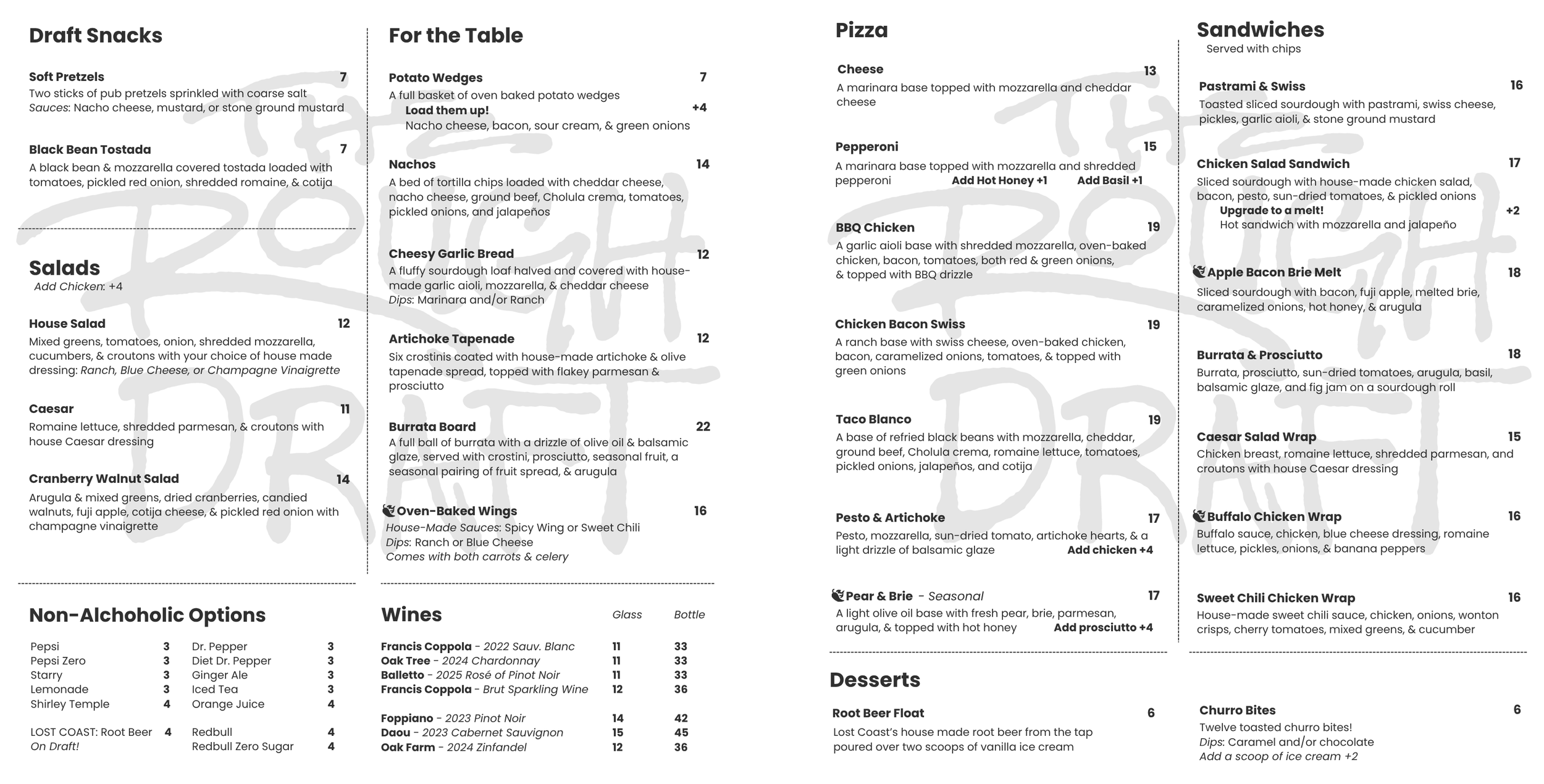 Menu featuring sections for Draft Snacks, For the Table, Wines, Pizza, Sandwiches, Desserts, and Non-Alcoholic Options. Items include soft pretzels, black bean tostada, salads, garlic bread, wings, pizzas with various toppings, sandwiches, and desserts like root beer float and churro bites.