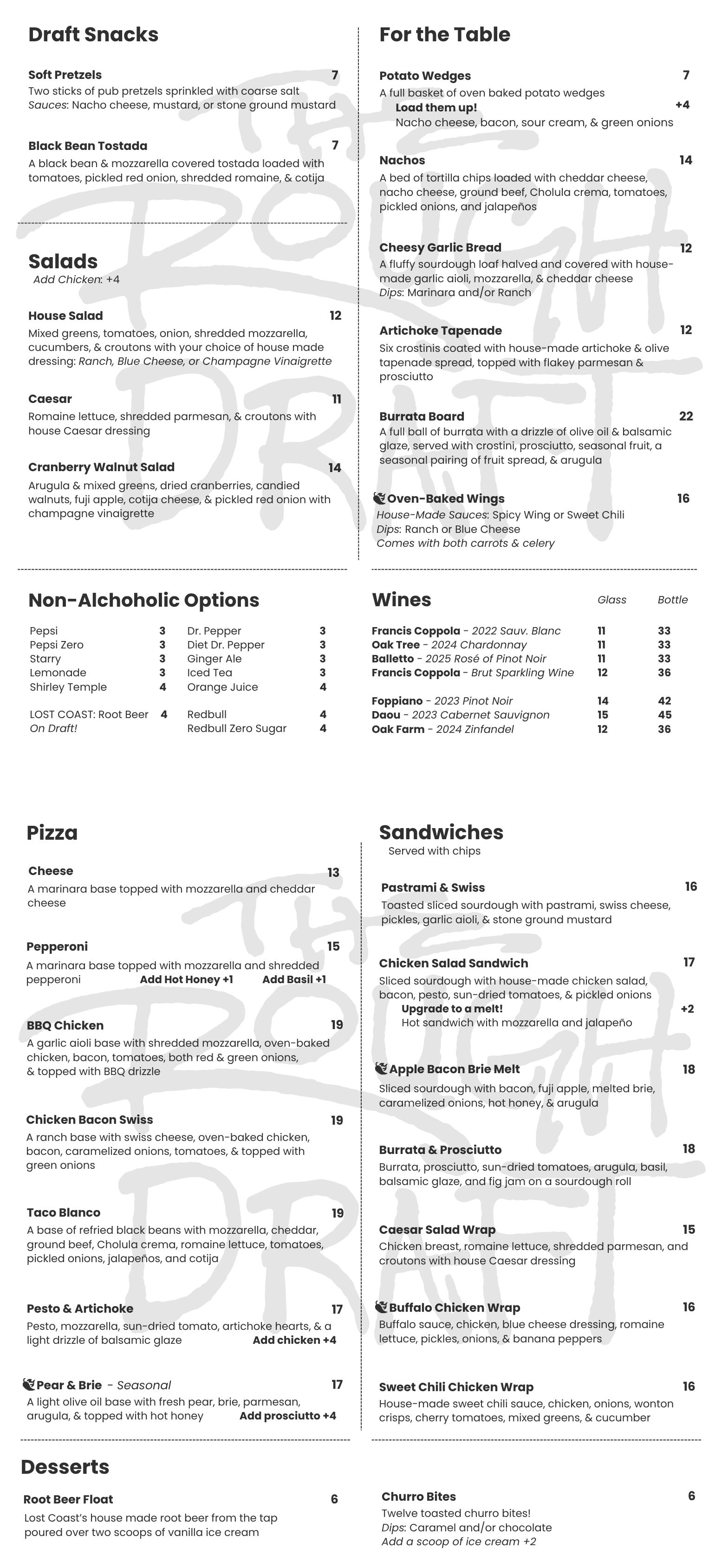 Restaurant menu featuring sections for Draft Snacks, For the Table, Salads, Non-Alcoholic Options, Wines, Pizza, Sandwiches, and Desserts.