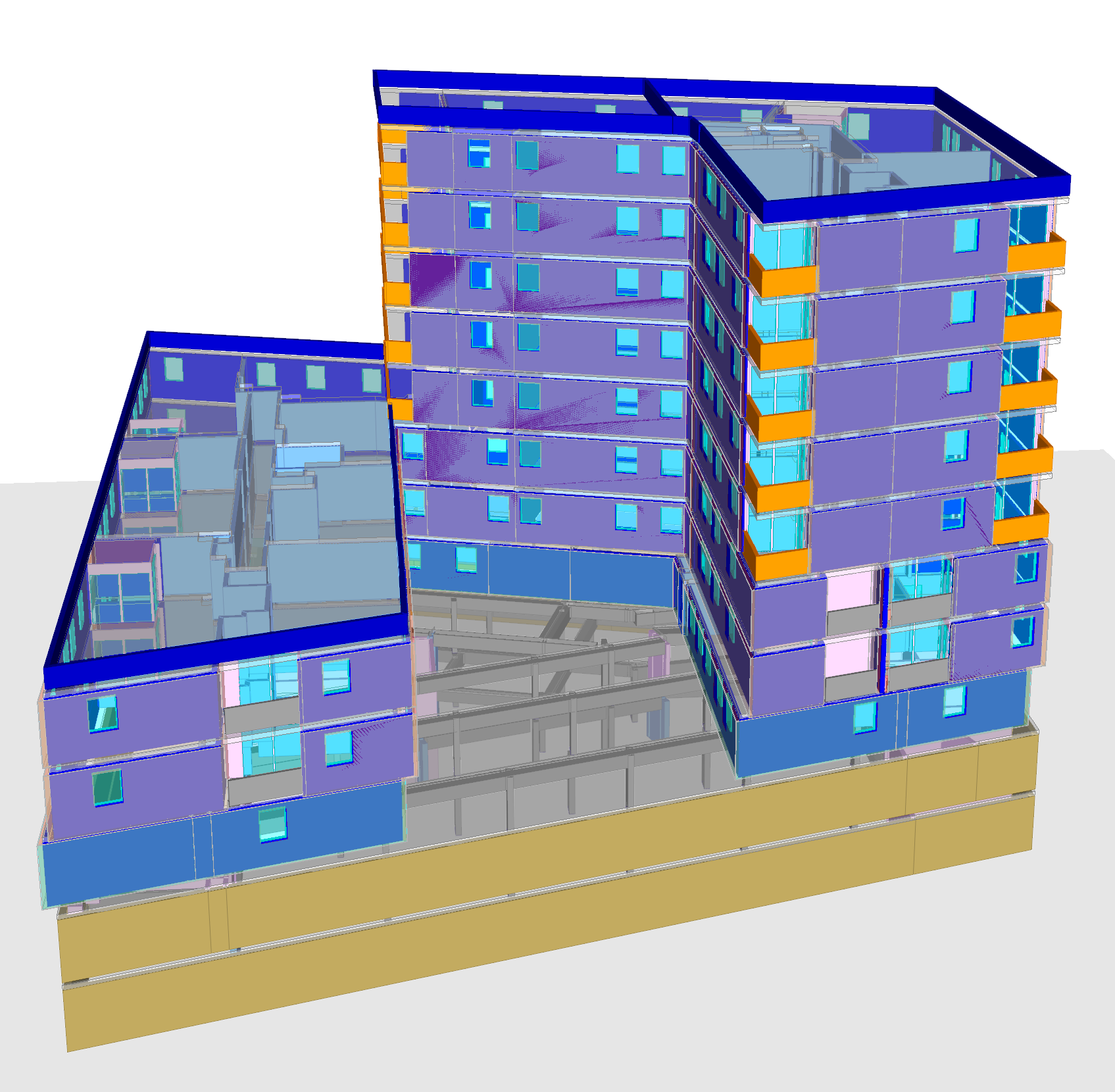 Modèle 3D ATTIC + d'un bâtiment résidentiel avec plusieurs étages, fenêtres, balcons en orange, et structure en couleurs vives.
