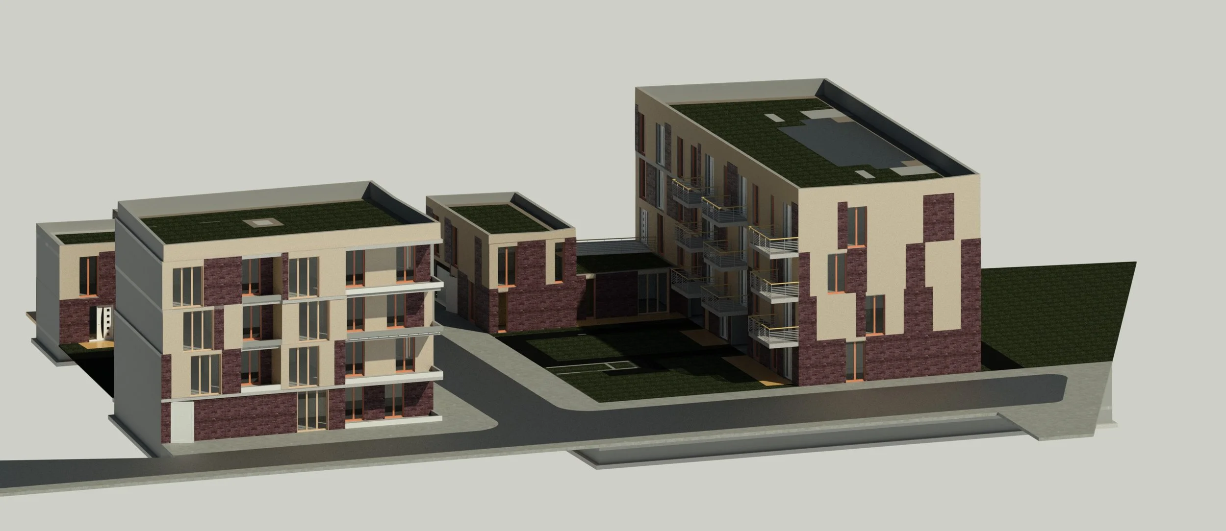 Modèle 3D REVIT d'un complexe résidentiel avec deux bâtiments principaux, un bâtiment plus petit, des cours intérieures avec pelouse, terrasses et espaces communs.