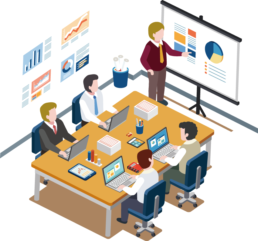 Une salle de réunion avec cinq personnes travaillant sur des ordinateurs portables, deux d'entre elles regardent des graphiques affichés sur un écran large, un homme fait une présentation avec un tableau de graphiques.