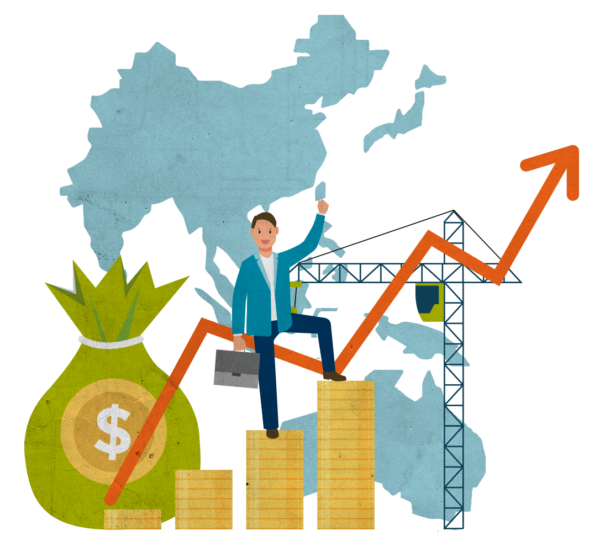 Une illustration représentant la croissance économique en Asie, avec un graphique en hausse, un sac d'argent, une personne d'affaires, et la carte de l'Asie en arrière-plan.