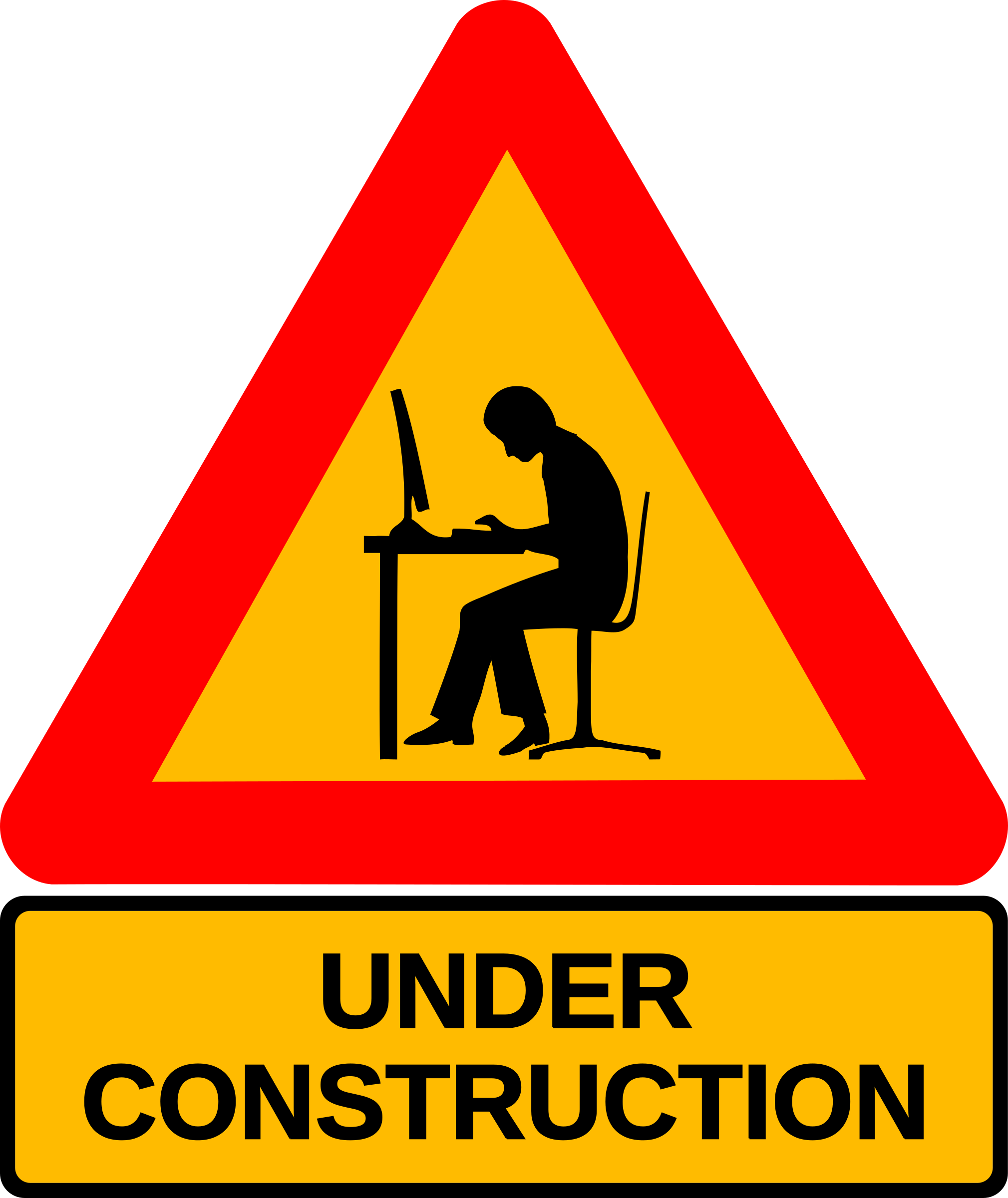 Panneau de signalisation triangular avec un homme assis à un bureau devant un ordinateur, indiquant une zone en travaux ou sous construction, avec un panneau supplémentaire en dessous indiquant "Under Construction".
