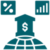 Icône représentant la finance ou l'économie, avec un globe terrestre, un graphique en barres et un symbole de dollar