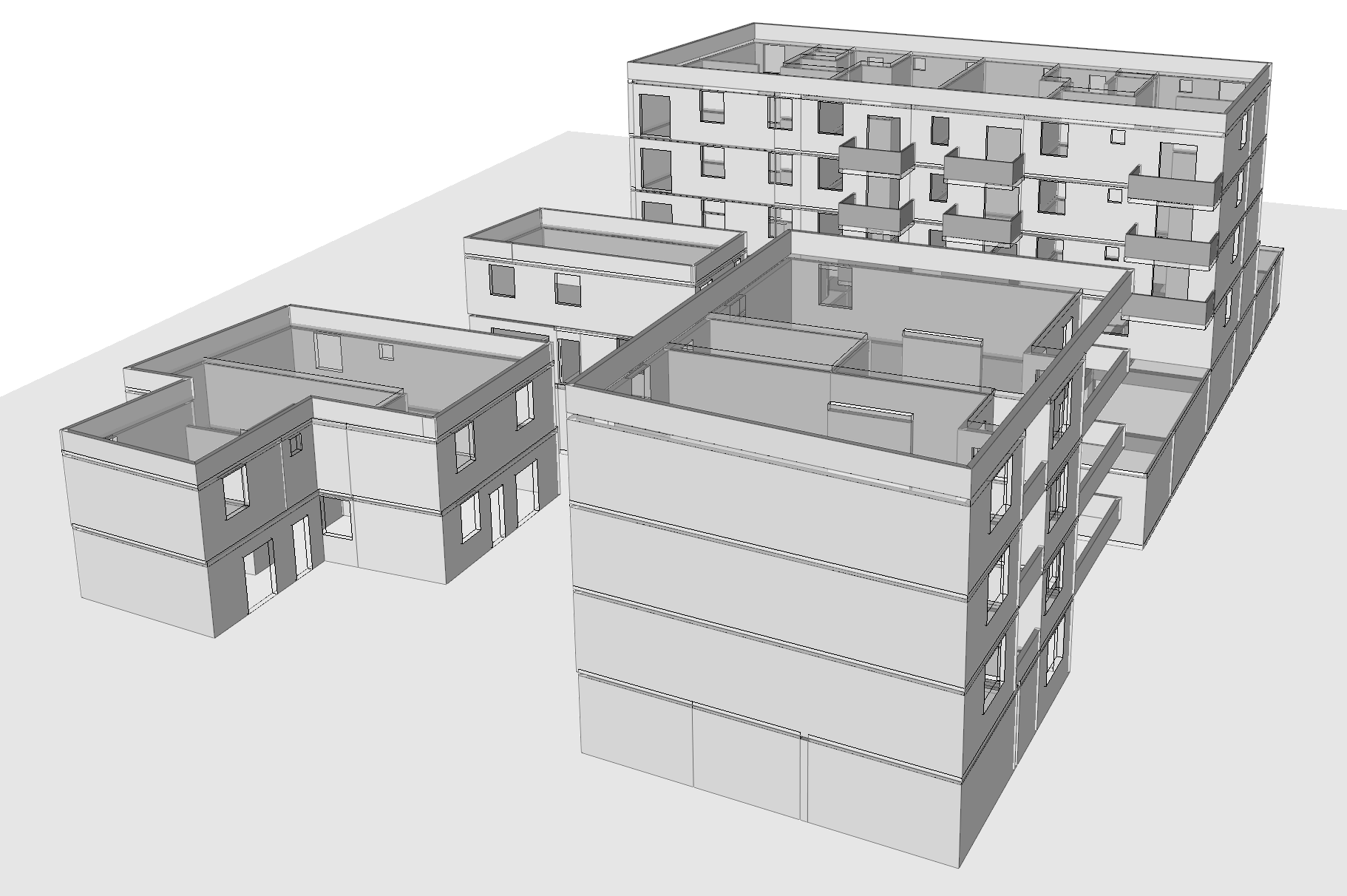 Modèle 3D ATTIC + d'un complexe résidentiel avec plusieurs bâtiments, certains à deux étages et d'autres à quatre, avec balcons et fenêtres.