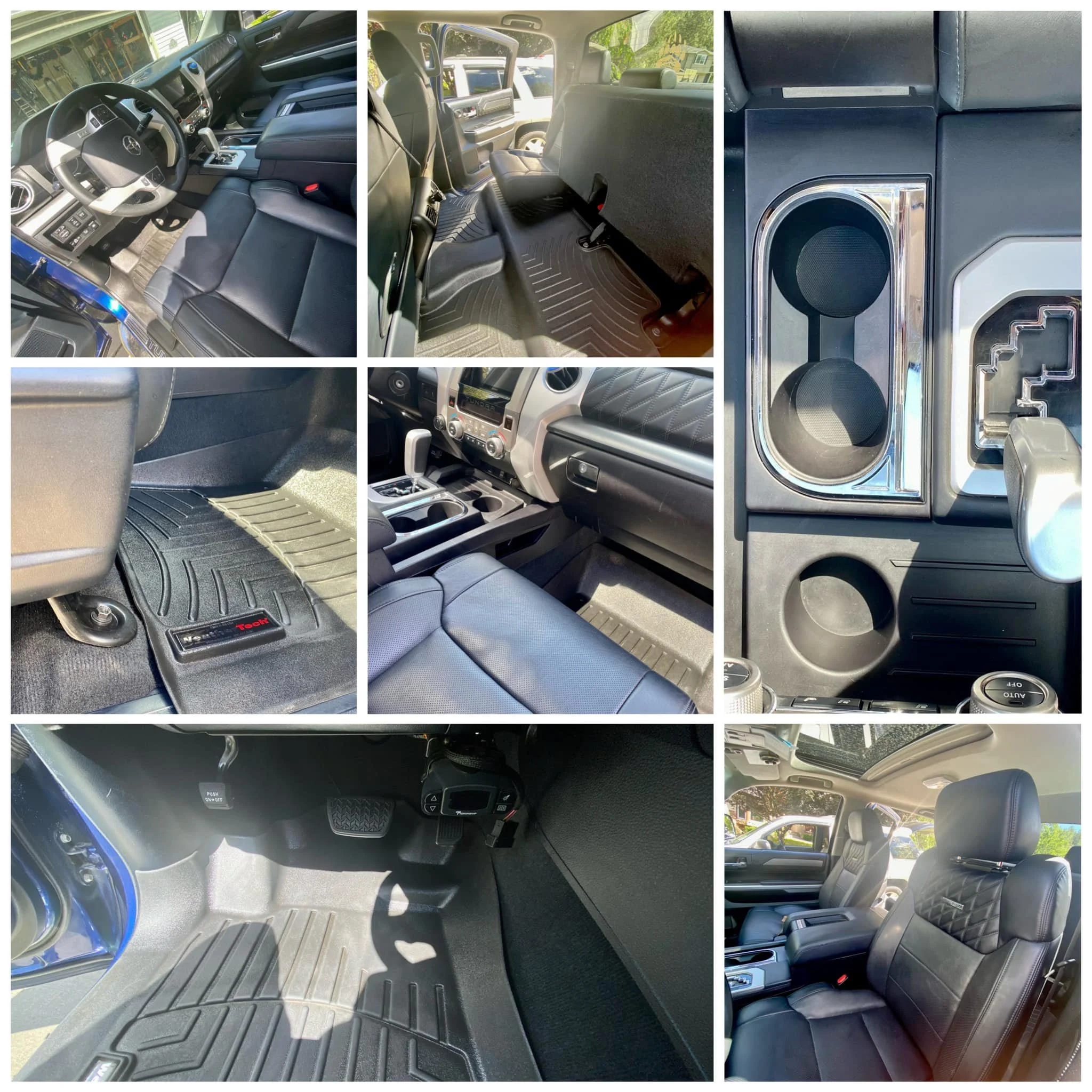 Collage of various interior views of a modern vehicle, including dashboard, seats, cup holders, floor mats, and footwell area.