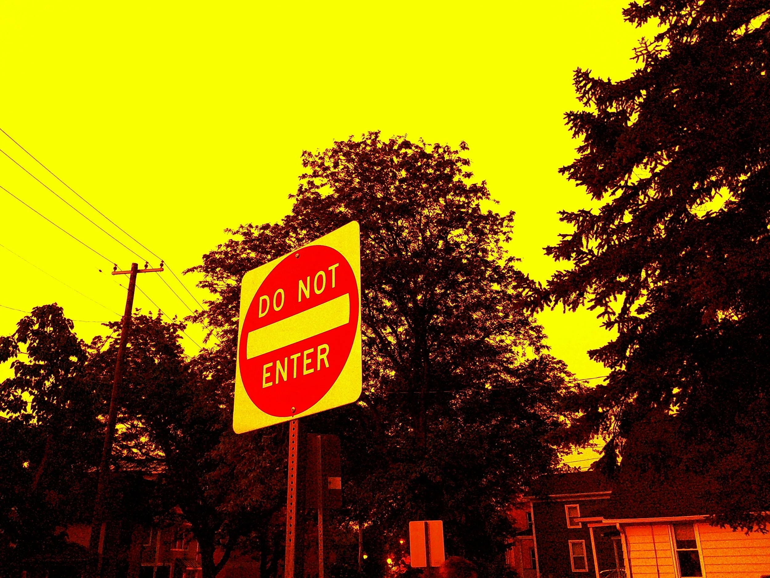 Traffic sign that says 'Do Not Enter' in front of trees and houses, with a yellow sky.