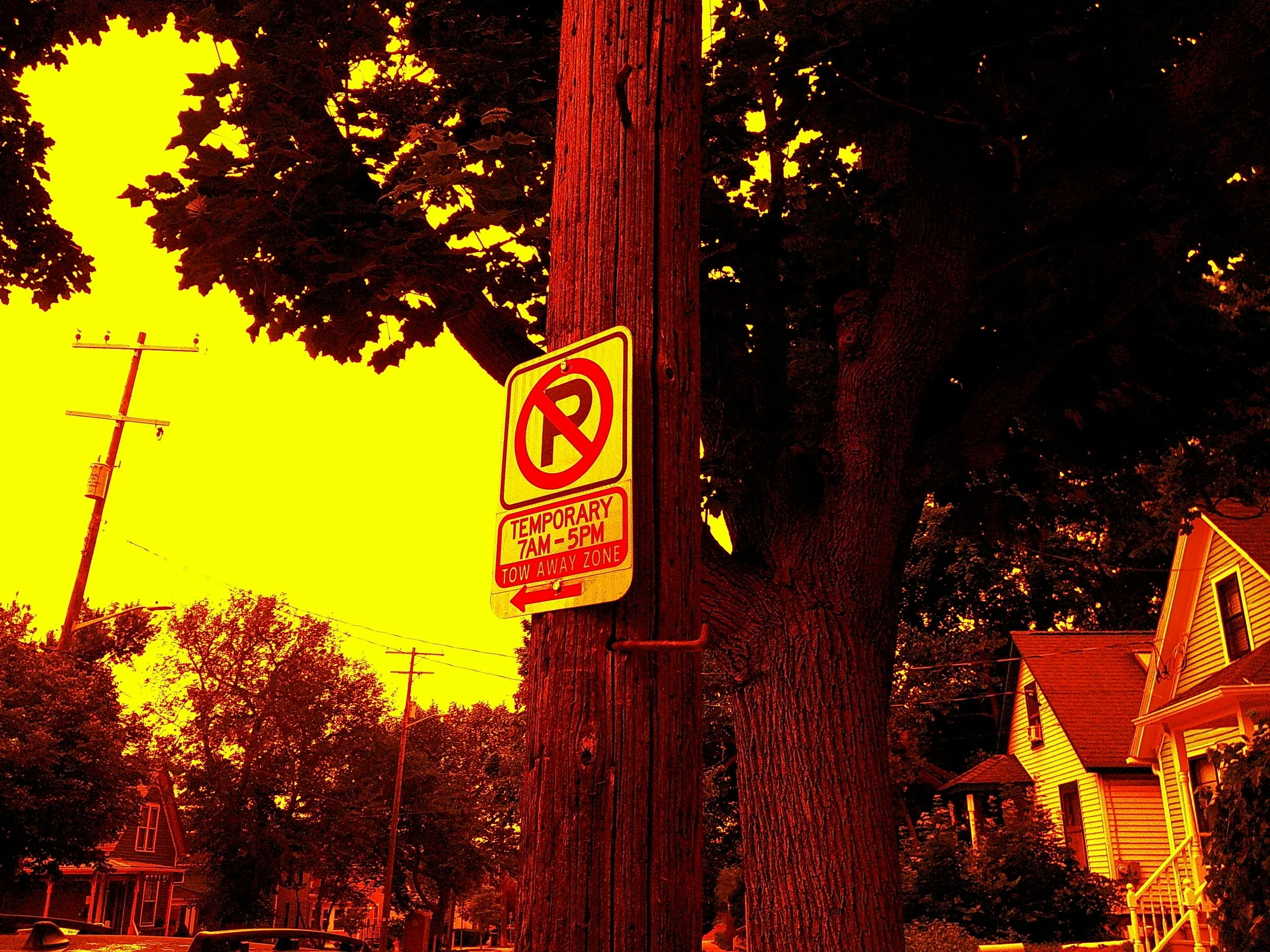 A wooden utility pole with a no parking sign and a temporary no parking notice near a residential street with trees and houses.