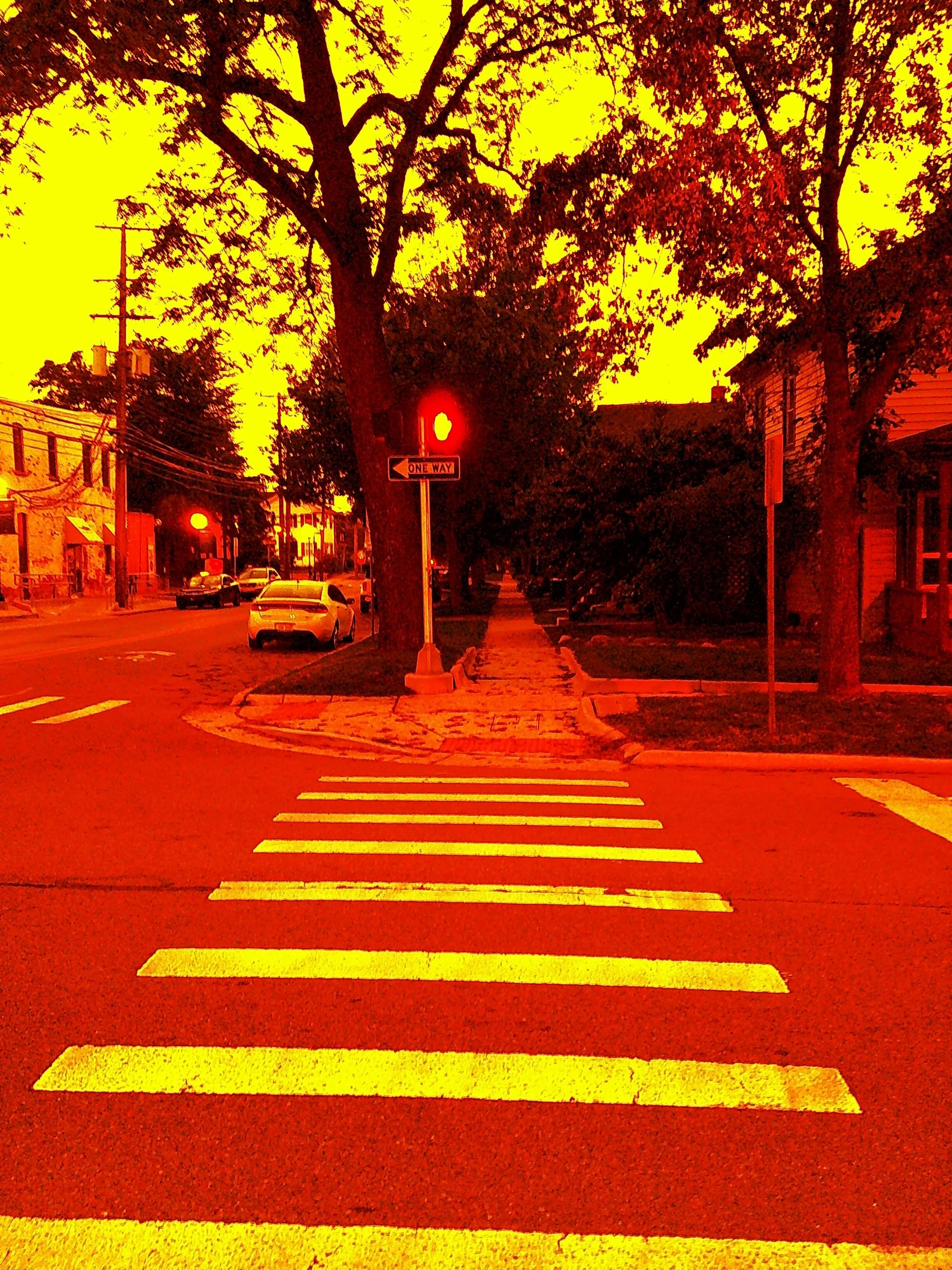 A crosswalk on a city street with a traffic light showing red, trees lining the sidewalk, and parked cars nearby, in a color-altered image with a yellowish-orange hue.